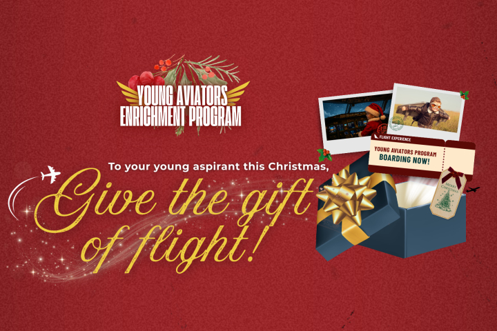 Holiday-themed ad for Young Aviators Program with gift box and flight photos.
