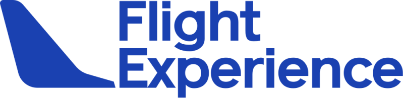 Blue airplane tail with 'Flight Experience' text in blue on a white background.