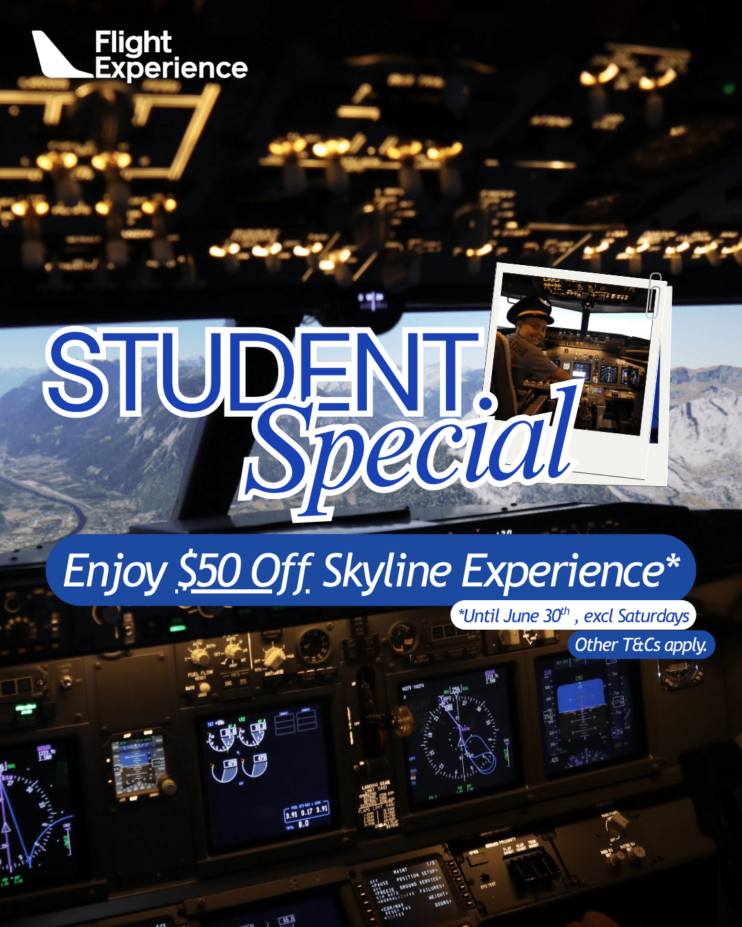 Flight Experience Student Special, $50 off Skyline Experience, cockpit background, valid until June 30th.