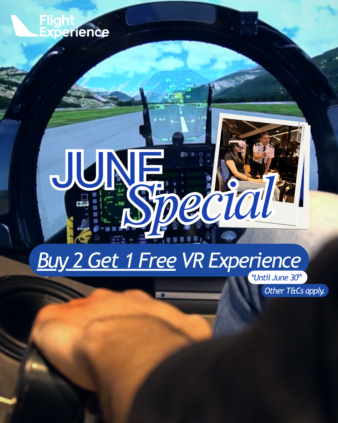 Cockpit view with June VR special offer: Buy 2, get 1 free. Flight simulation promo with mountains in view.