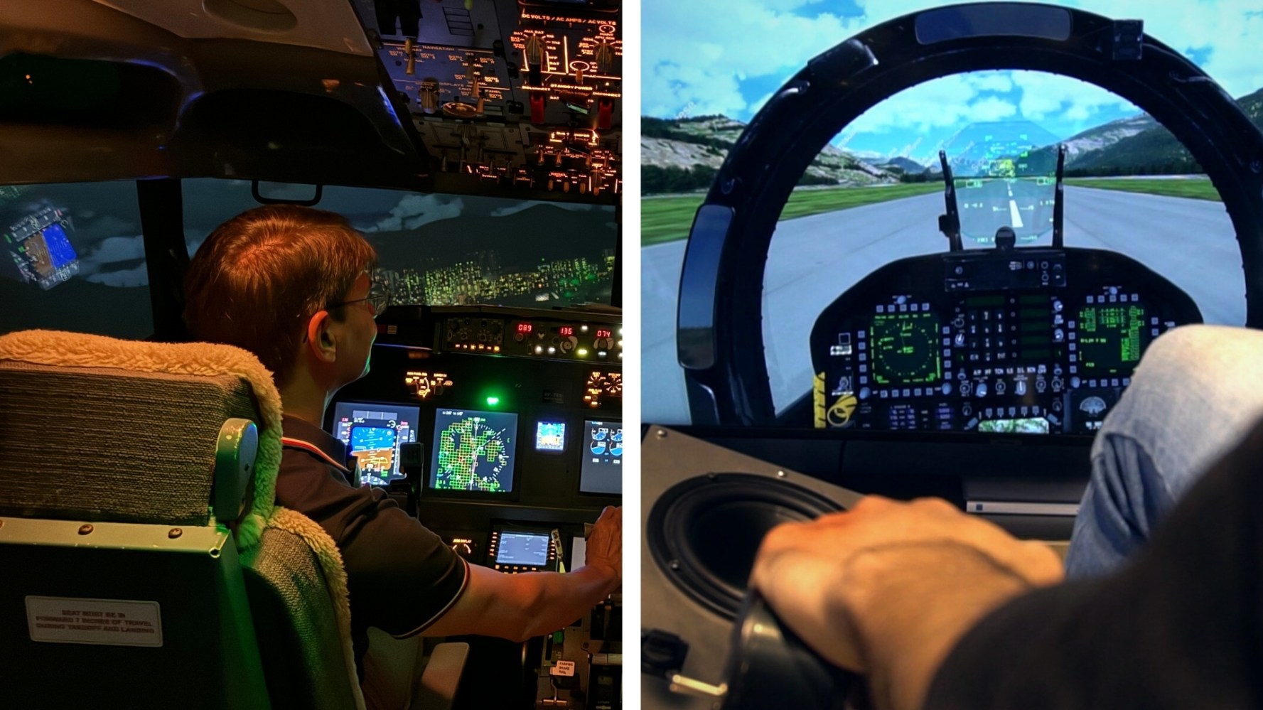Man in flight simulator, left in cockpit, right on runway screen.