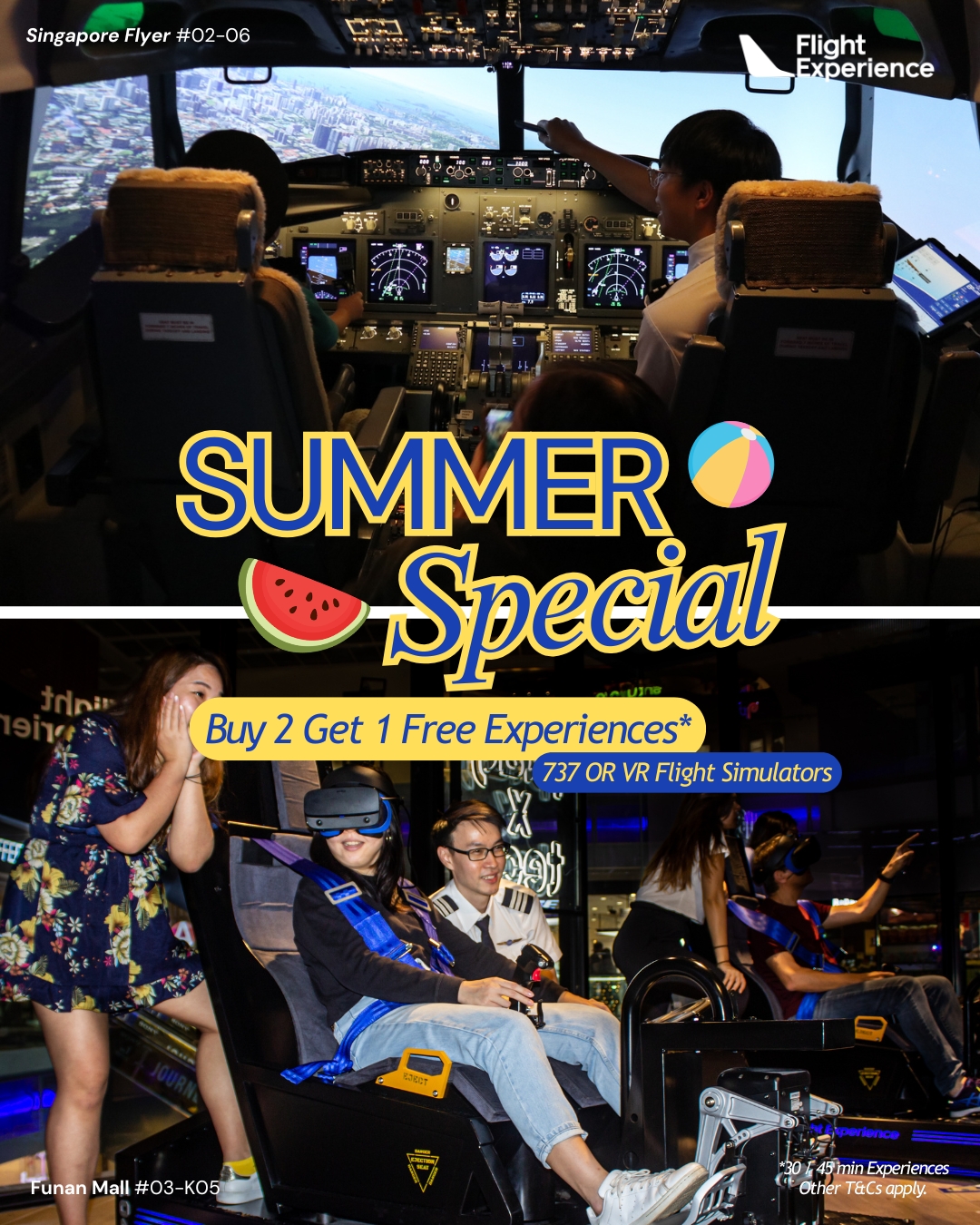 Flight simulator promotion poster with people enjoying simulators.